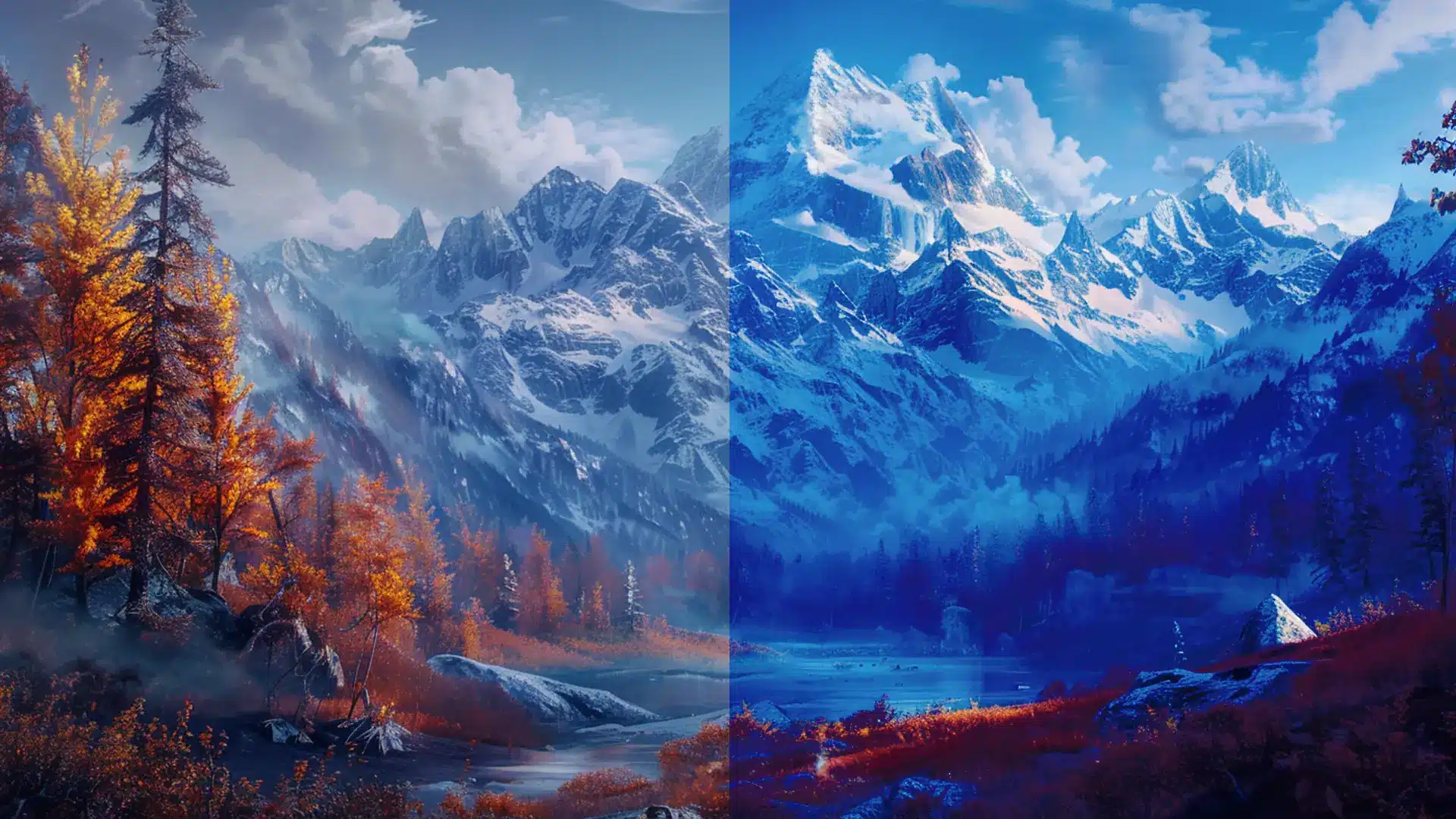 Photoshop match color feature applied to a mountain landscape with contrasting seasonal tones