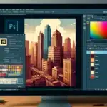 Photoshop interface showing the canvas resizing and color profiles dialog boxes with a cityscape on the canvas, toolbar on the left, and layers panel on the right.