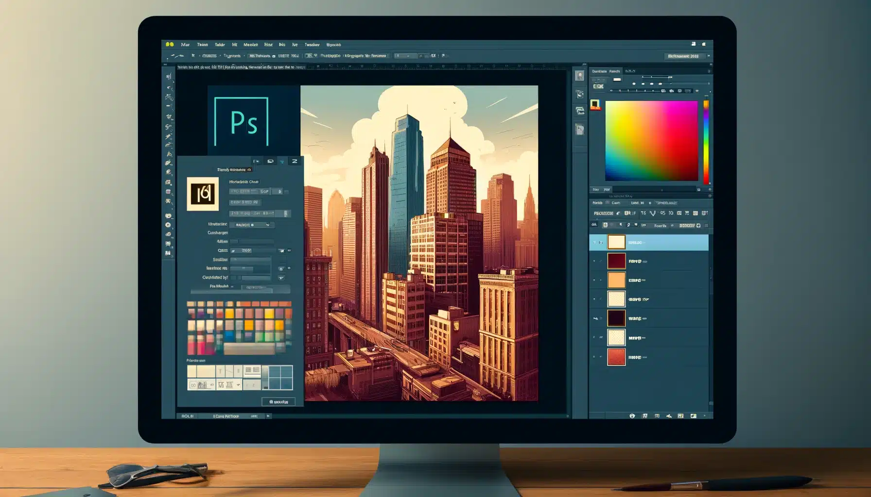 Photoshop interface showing the canvas resizing and color profiles dialog boxes with a cityscape on the canvas, toolbar on the left, and layers panel on the right.