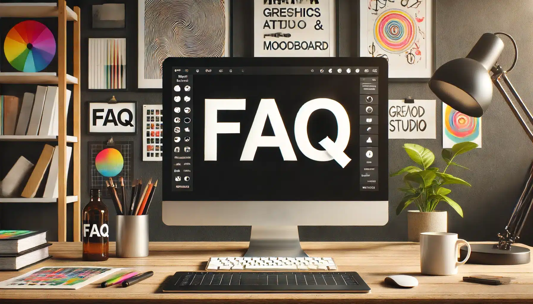 A computer screen displaying the word 'FAQ' on a black background in a modern, stylish workspace with design elements, a graphics tablet, and a coffee cup, focusing on repeat patterns in Photoshop.