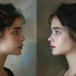 Side-by-side profile view of a young woman with braided hair, showing two different angles.