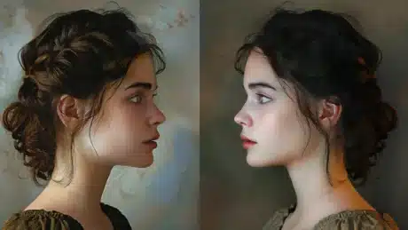 Side-by-side profile view of a young woman with braided hair, showing two different angles.