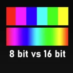 An image comparing 8-bit versus 16-bit color depth, with two color bars on a black background and the Photoshop logo in the bottom left corner