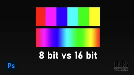 An image comparing 8-bit versus 16-bit color depth, with two color bars on a black background and the Photoshop logo in the bottom left corner