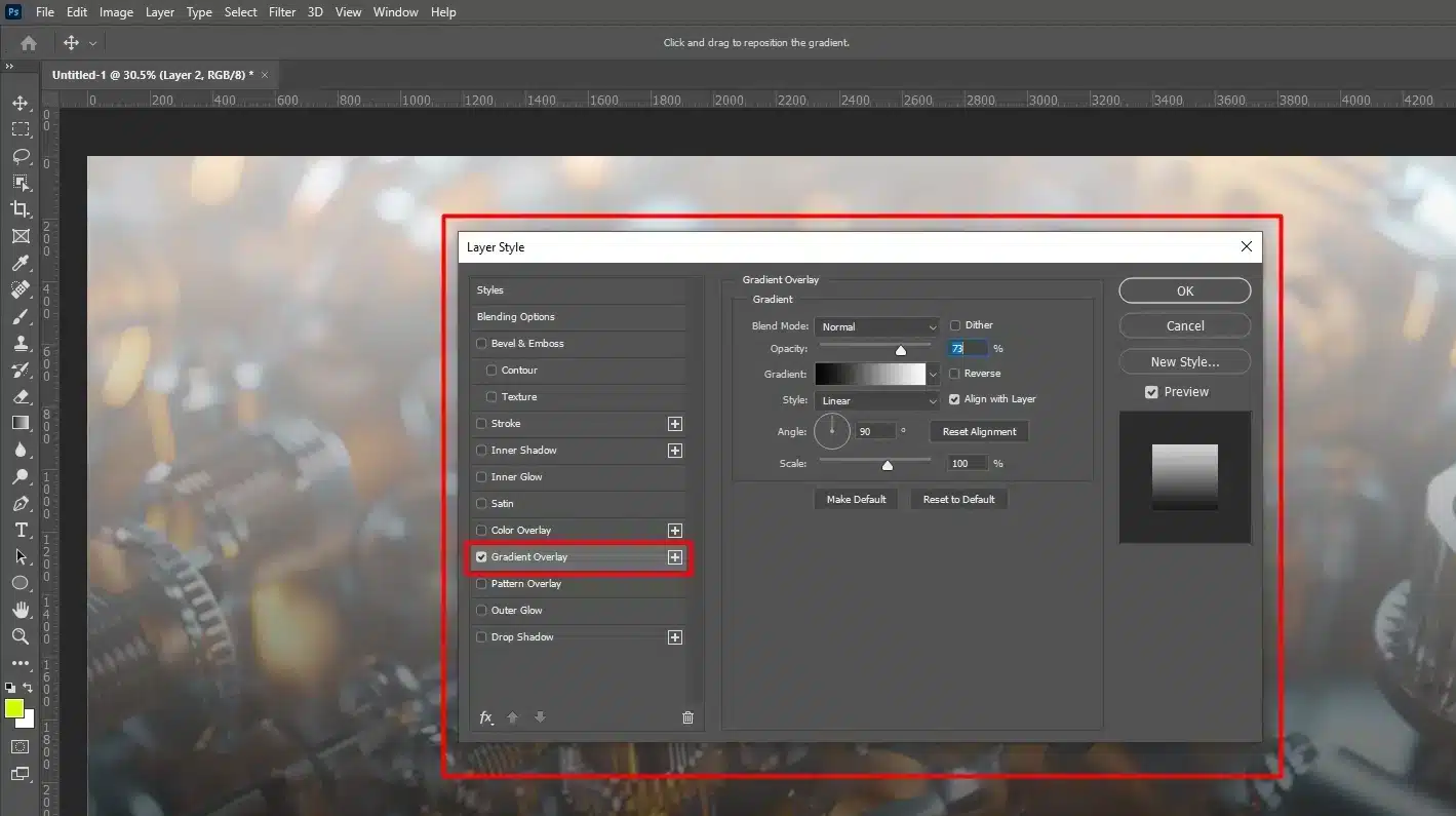 Photoshop screen with Layer Style settings and Gradient Overlay option highlighted