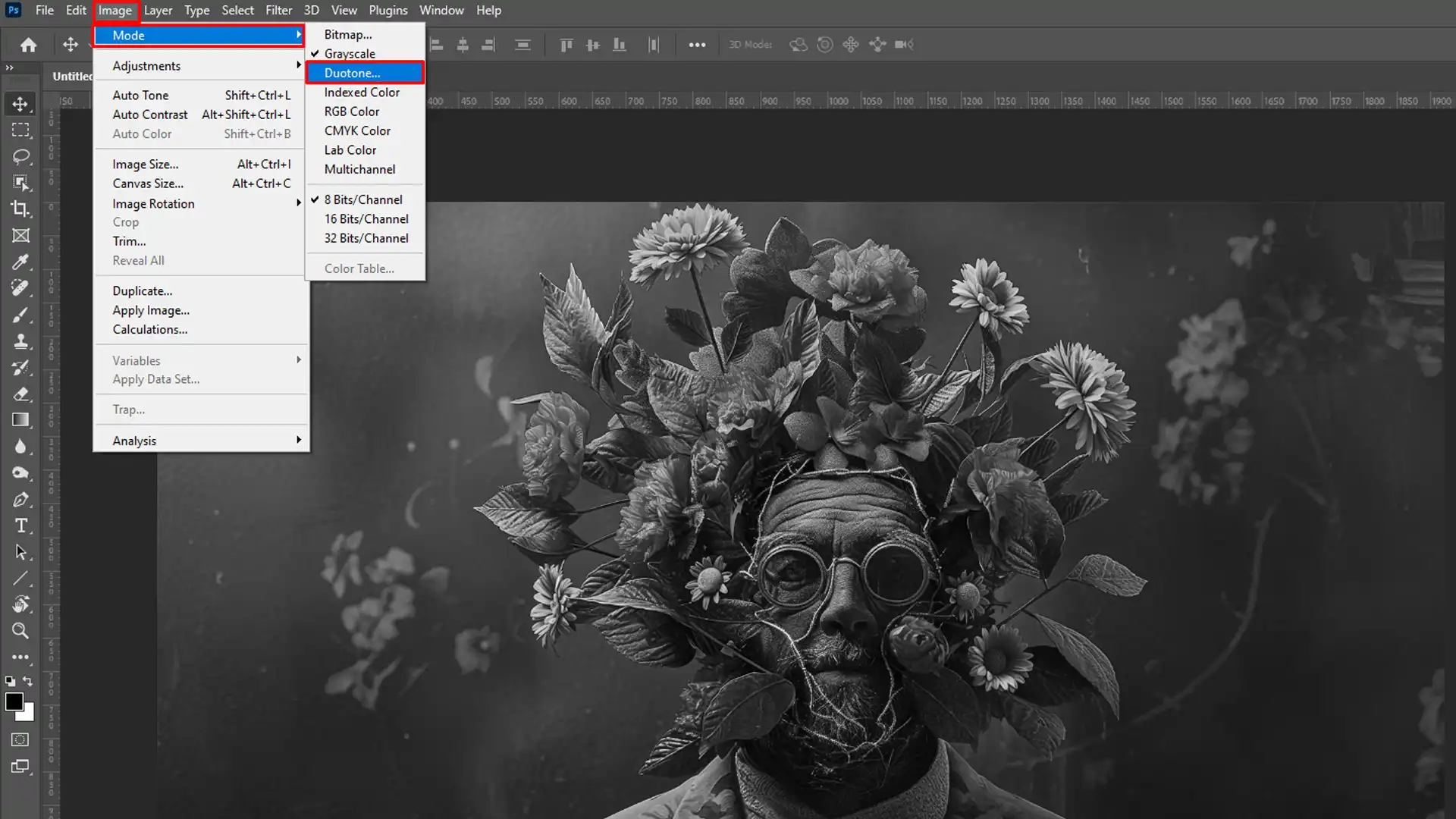 Photoshop interface with the Image Mode menu open, highlighting the Duotone option, and a black and white portrait with floral elements.