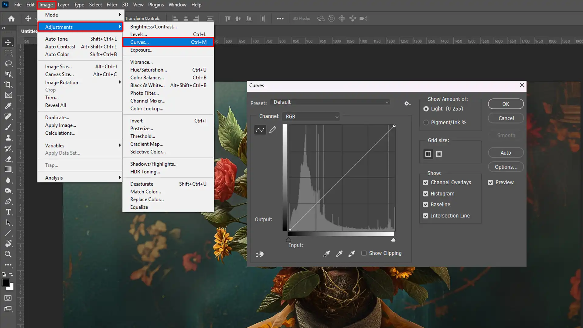 interface with the Image Adjustments menu open, highlighting the Curves tool, and an image of a man with flowers on his head.