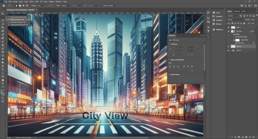 Photoshop interface showing the addition of lighting effects to the text "City View" in an urban cityscape, highlighting the use of the Elliptical Marquee Tool.