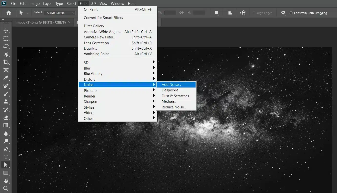 Photoshop interface showing the process of adding noise to an image of a black night sky. The noise filter menu is open with "Add Noise" highlighted.