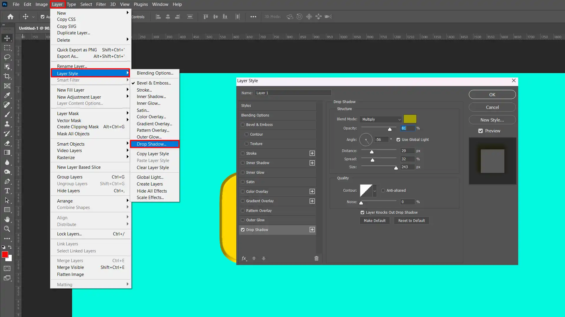 Screenshot showing the selection of the "Drop Shadow" option from the "Layer Style" menu in Photoshop, with settings visible for adjusting shadow properties.