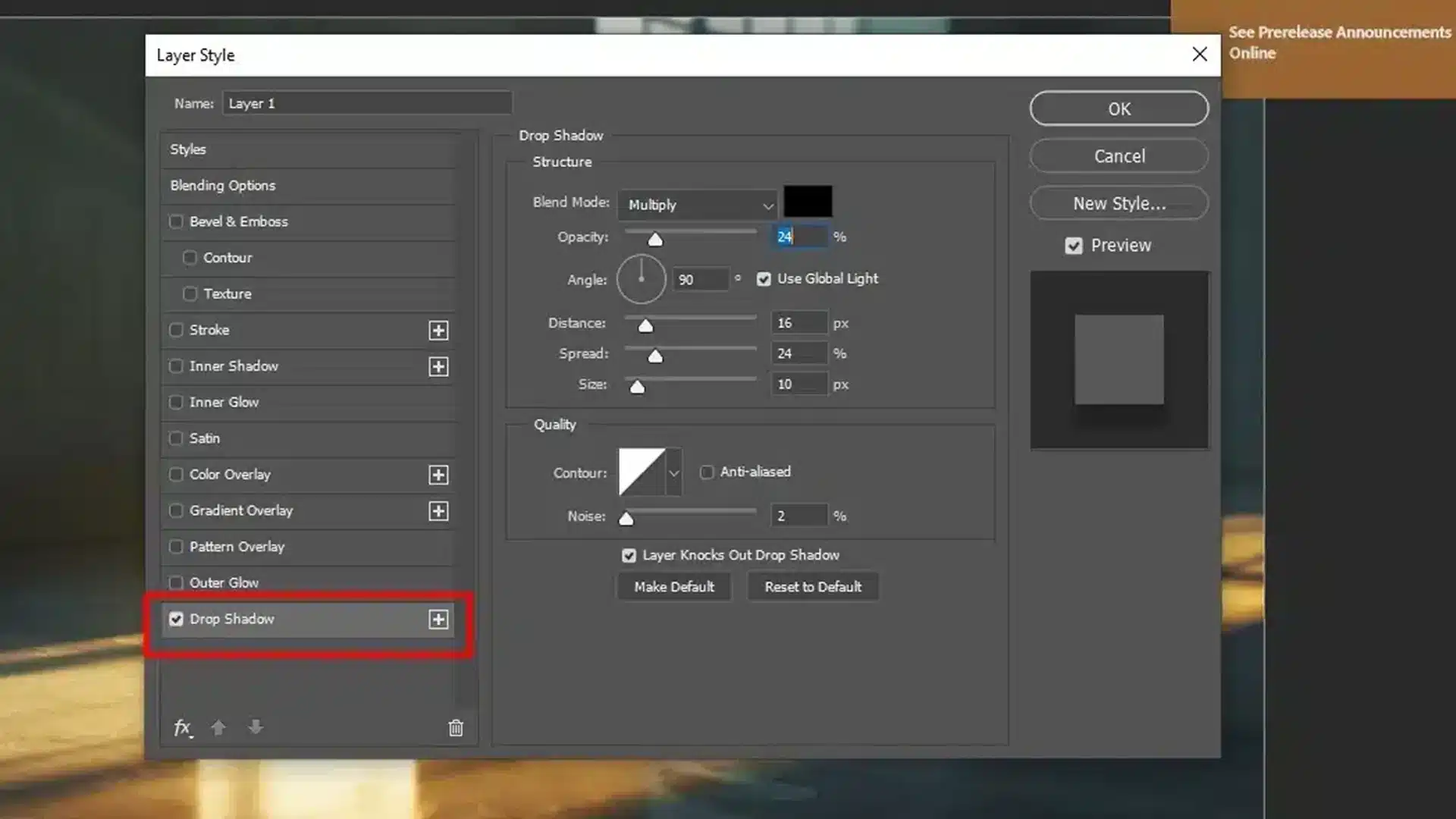 Layer Style window with Drop Shadow settings in Photoshop