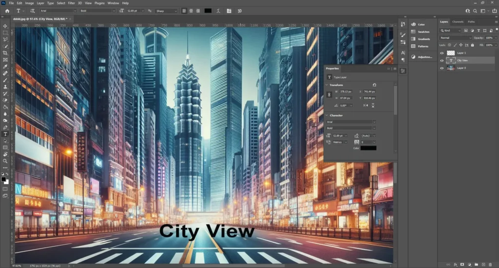 Photoshop interface showing the addition of text "City View" to an urban cityscape, highlighting the text properties panel and the use of the Text Tool.