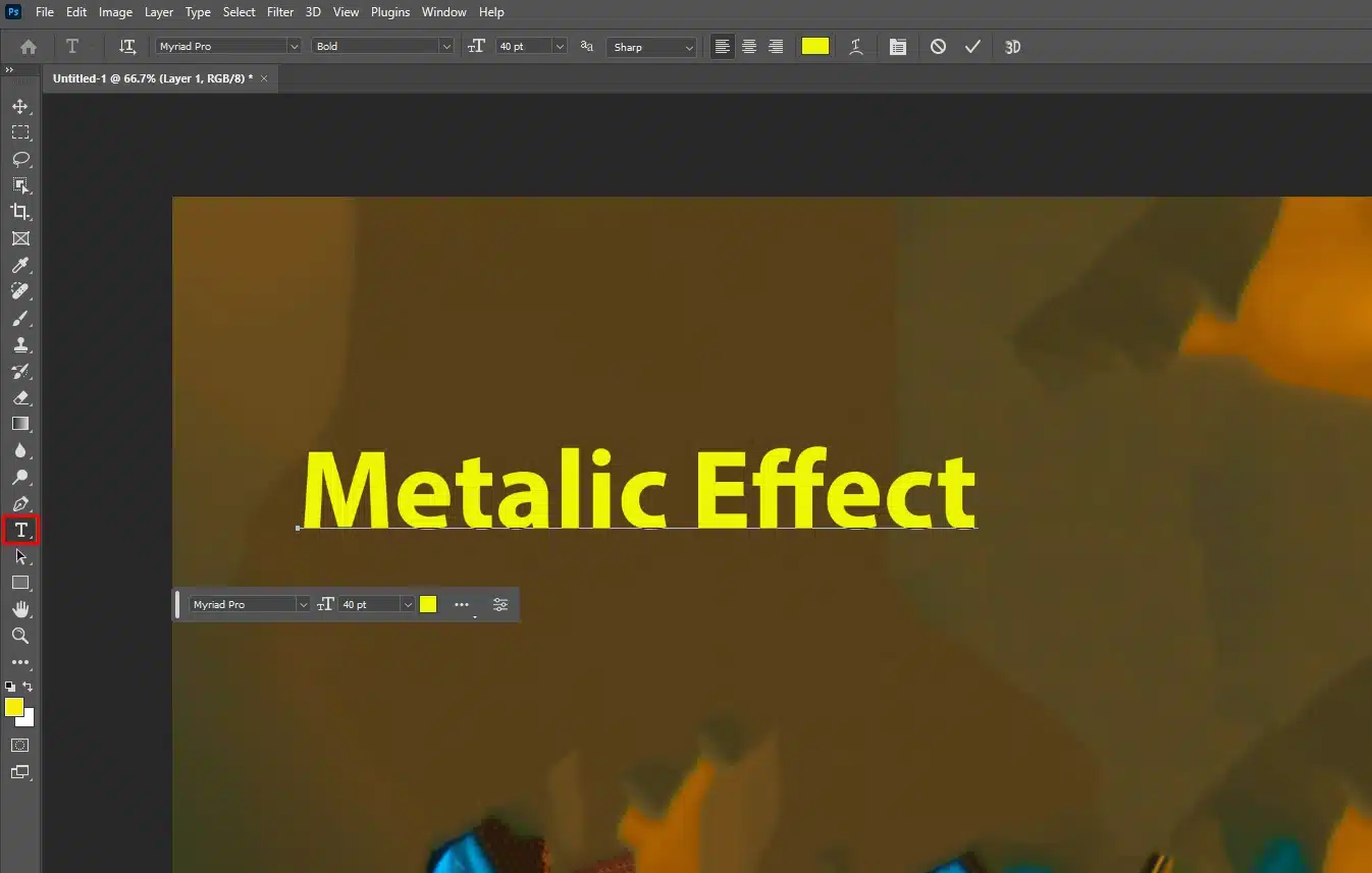 Screenshot of the Photoshop interface showing the text "Metallic Effect" being added to the canvas using the Type Tool.