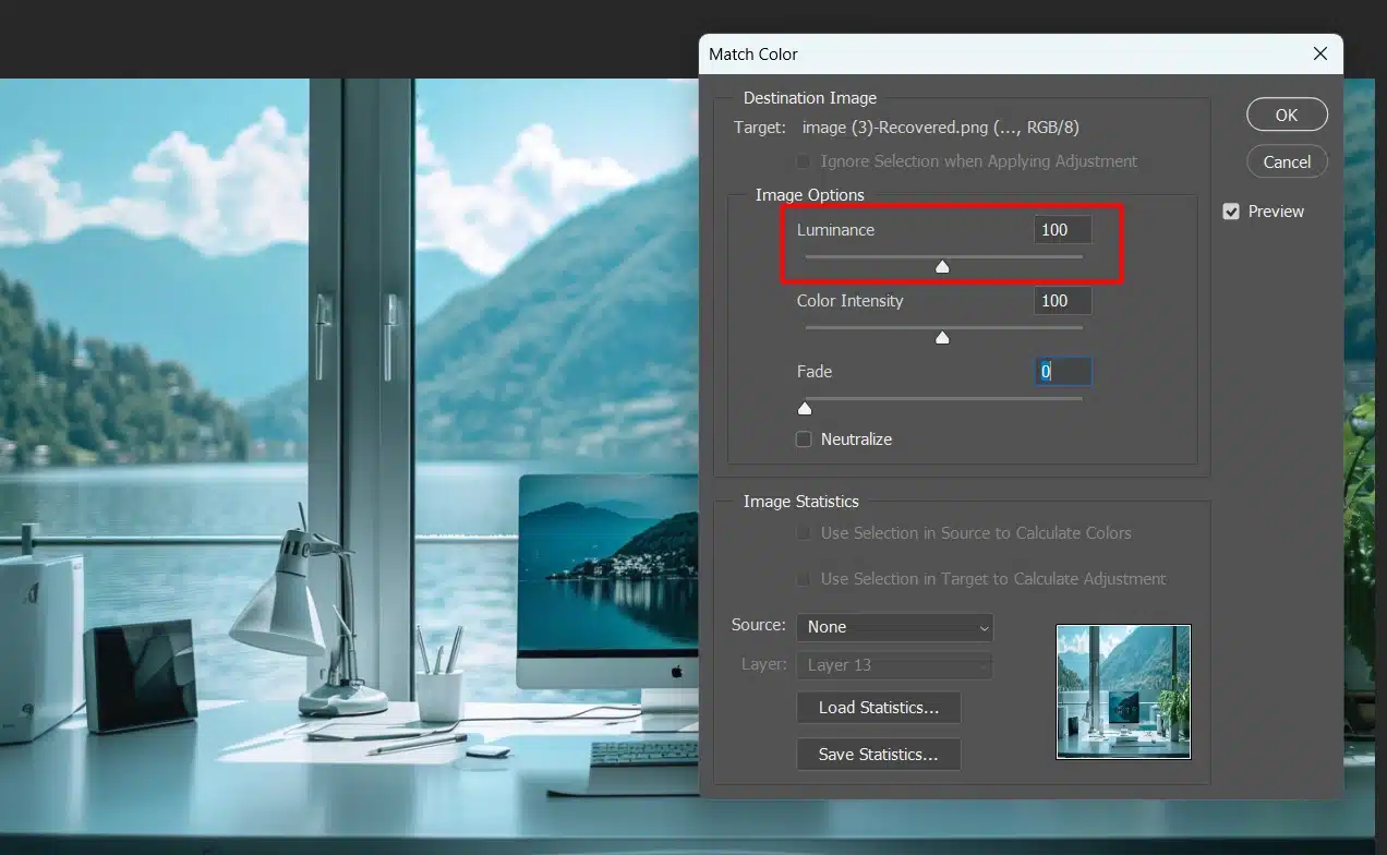 Match Color dialog box in Photoshop with Luminance and Color Intensity adjustments