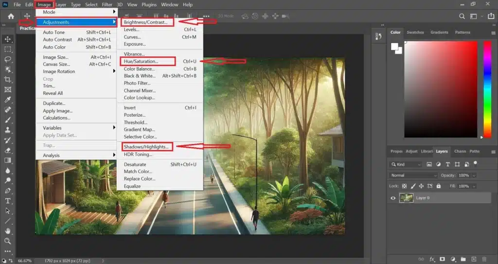 Adobe Photoshop interface displaying options for adjusting Brightness/Contrast, Hue/Saturation, and Shadows/Highlights on an image of people walking on a road lined with trees.