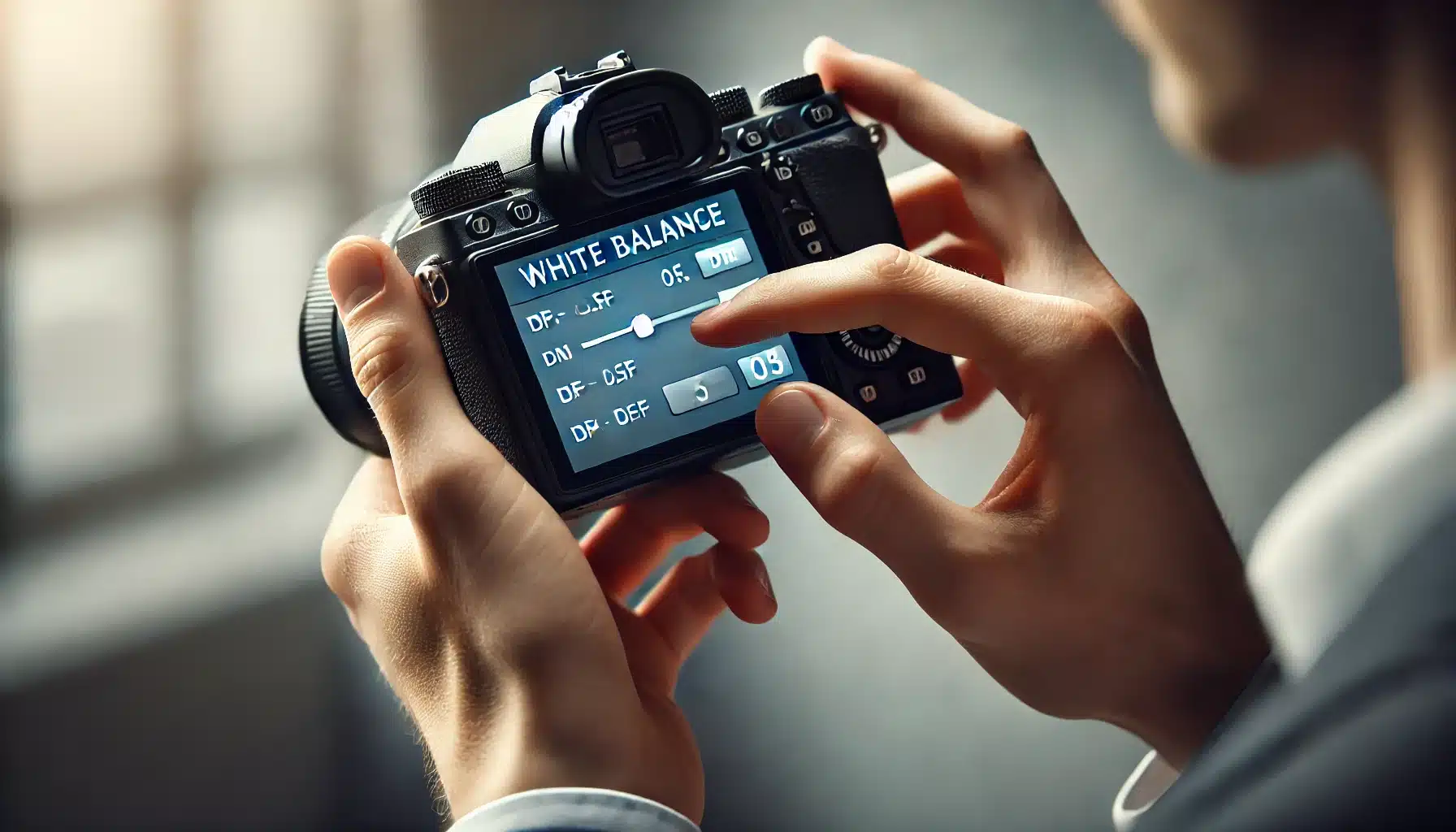 A close-up shot of a person adjusting the white balance settings on a digital camera, with the screen clearly displaying the settings being changed.