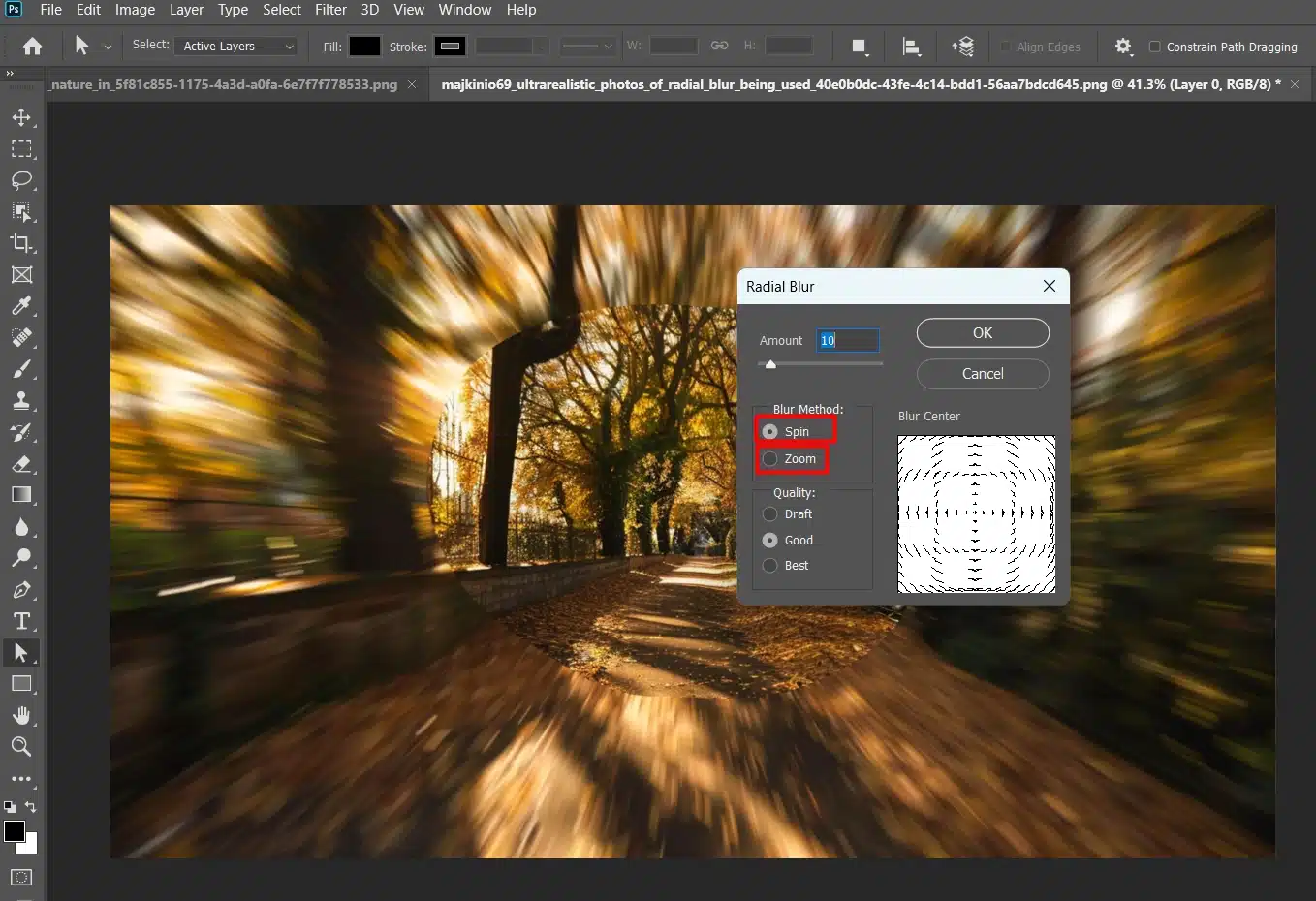 Settings for adjusting the blur method and quality in Photoshop.