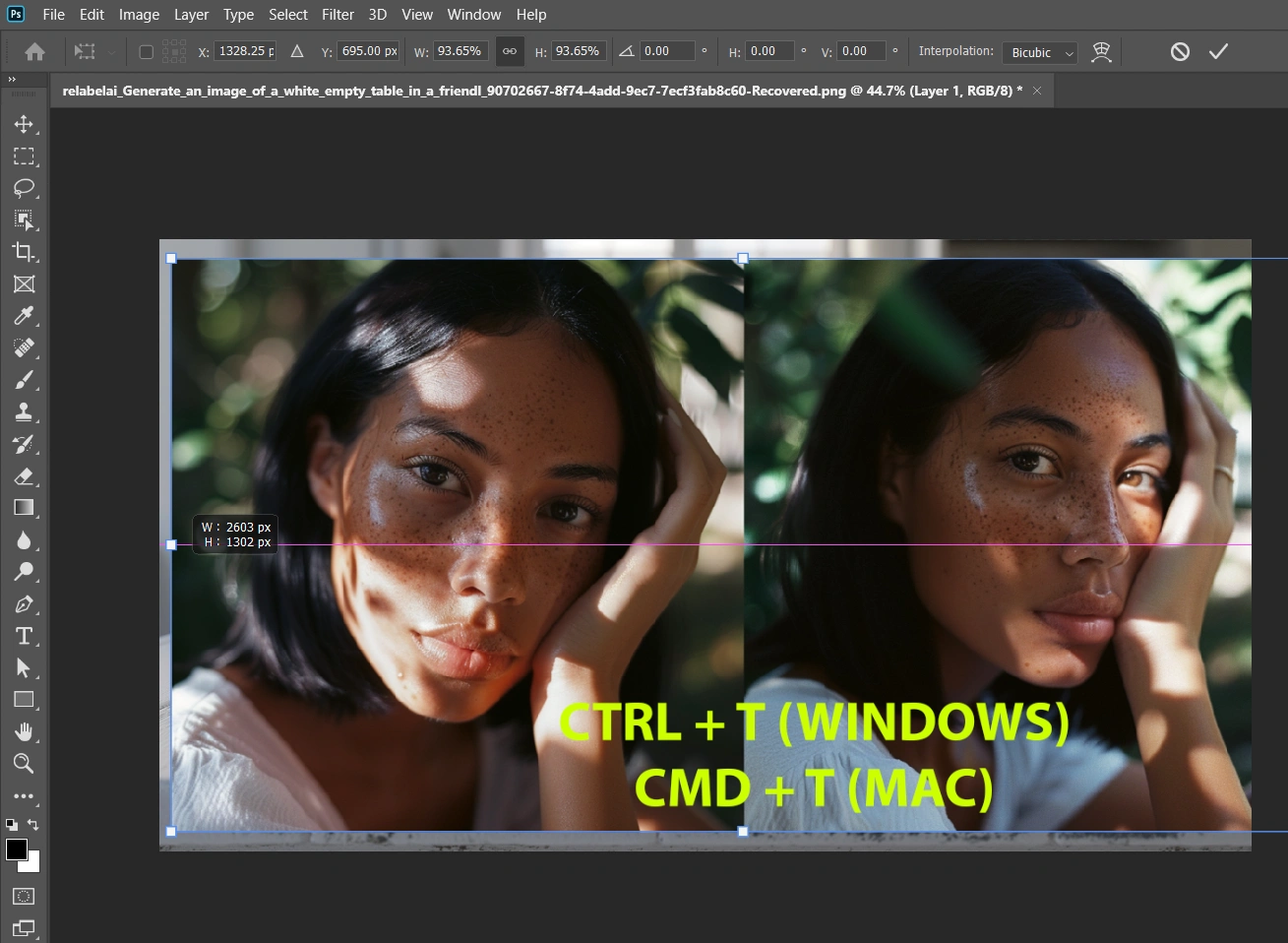 A Photoshop workspace showing adjusting the pasted image