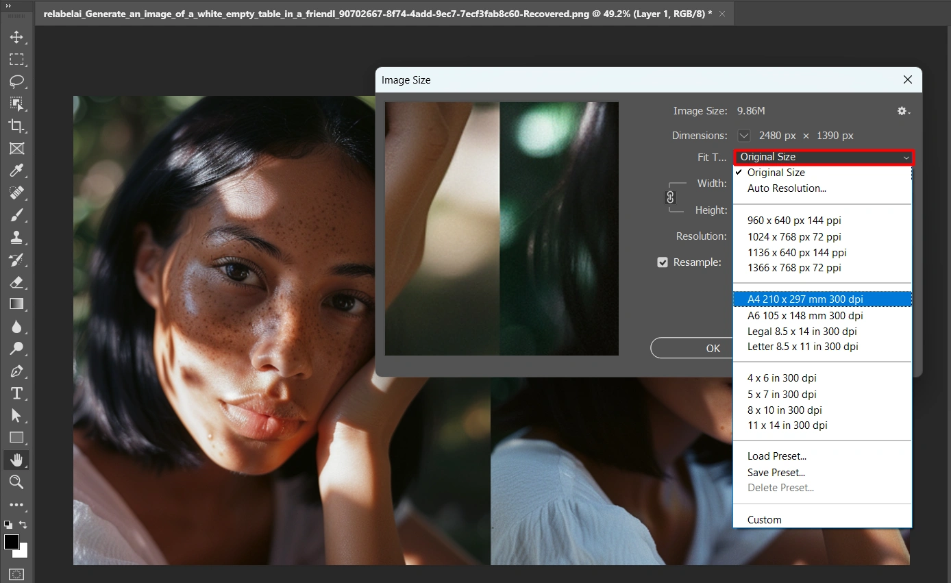 A Photoshop workspace showing the 'Image Size' dialog box with a dropdown menu highlighting different resolution options