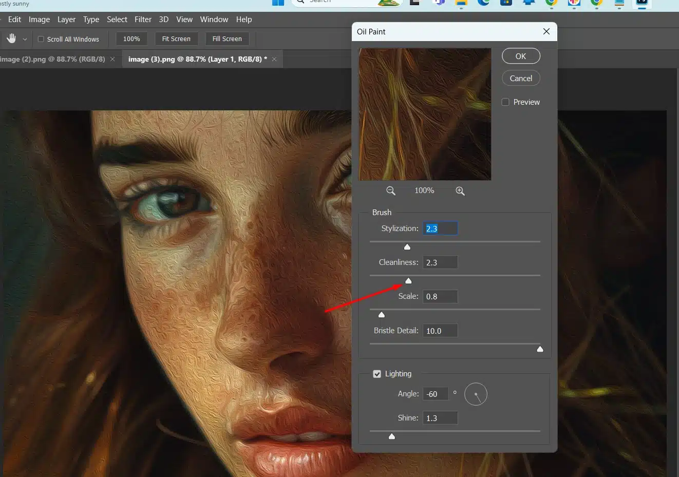 Oil Painting settings panel with sliders for Stylization, Cleanliness, and Scale, applied to a digital portrait of a person's face.