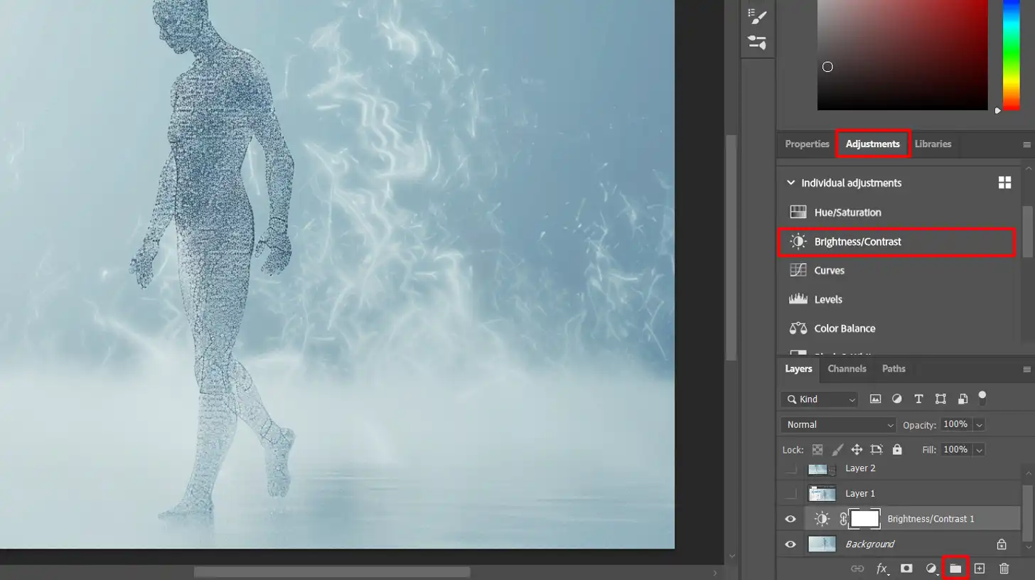 Digital artwork of a human figure made of small particles walking towards a bright light, with image editing software interface visible on the right side