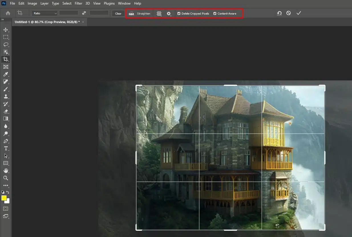 Free Crop tool in Photoshop with content-aware options.