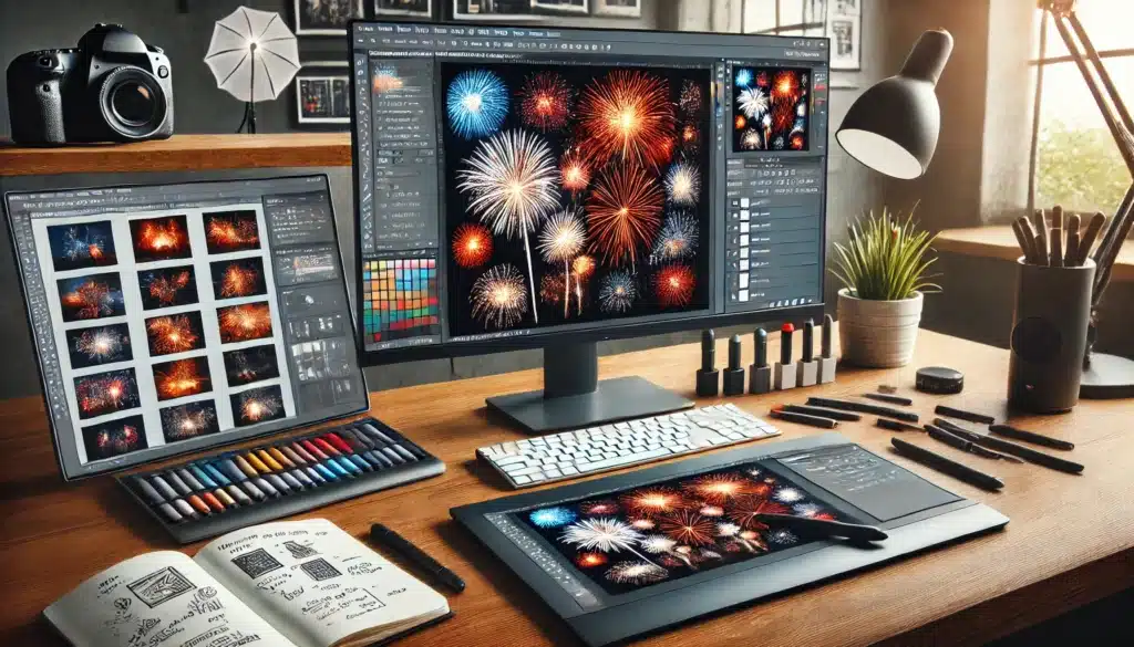 Professional photo editing setup with dual monitors displaying advanced techniques for firework effects , including multiple layers, adjustment settings, and custom tools, along with a graphics tablet and stylus on the desk.