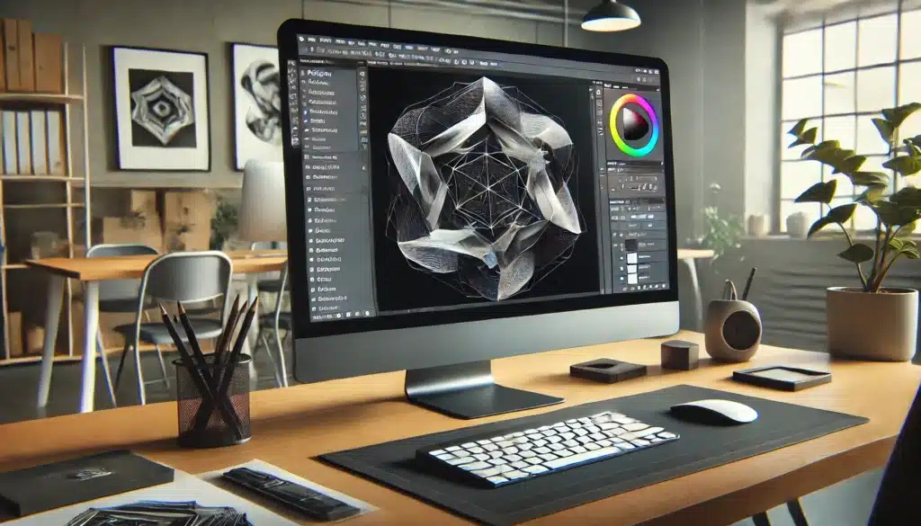 Modern workspace featuring a computer displaying an advanced multi-sided form with complex geometric shapes.