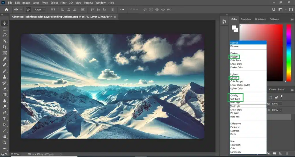 Adobe Photoshop interface displaying a breathtaking view of snowy mountains with the Layer Blending Options menu open, highlighting Multiply, Screen, Overlay, and Soft Light blending modes.
