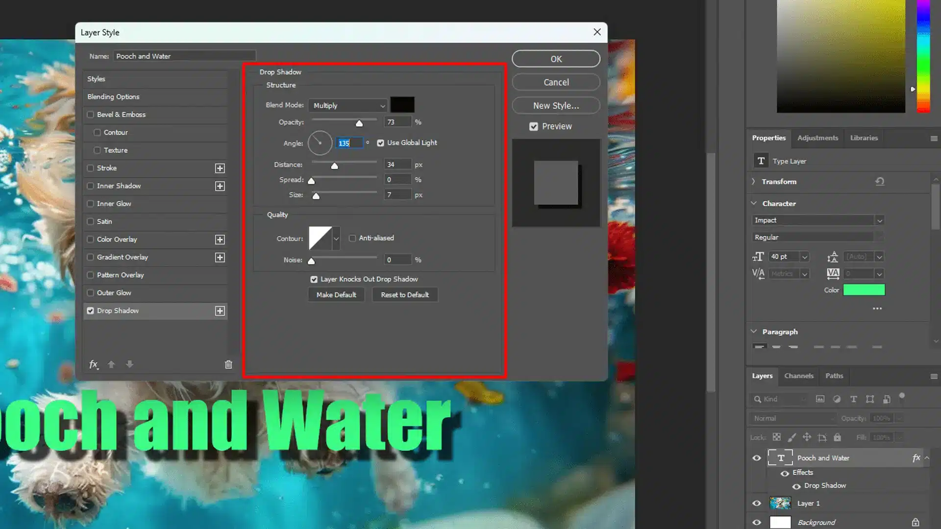 Screenshot of Adobe Photoshop interface with the ‘Layer Style’ dialog box open, showing the ‘Drop Shadow’ settings. The background layer displays an underwater scene with the text “Och and Water.”