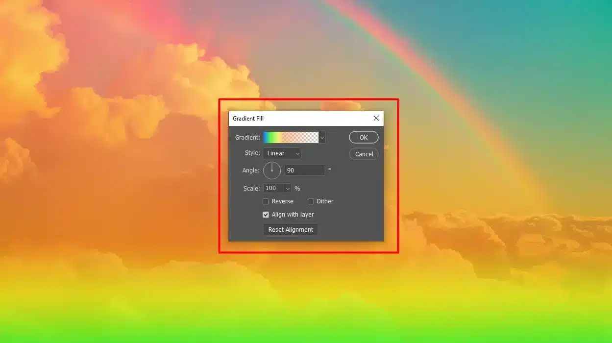 This image shows the "Gradient Fill" settings window in Photoshop.