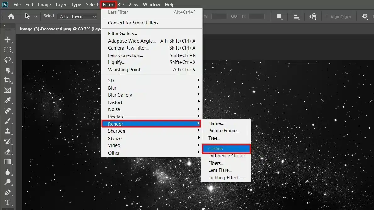 Photoshop interface with the "Render" menu open, highlighting the "Clouds" filter. The background image shows a black night sky.