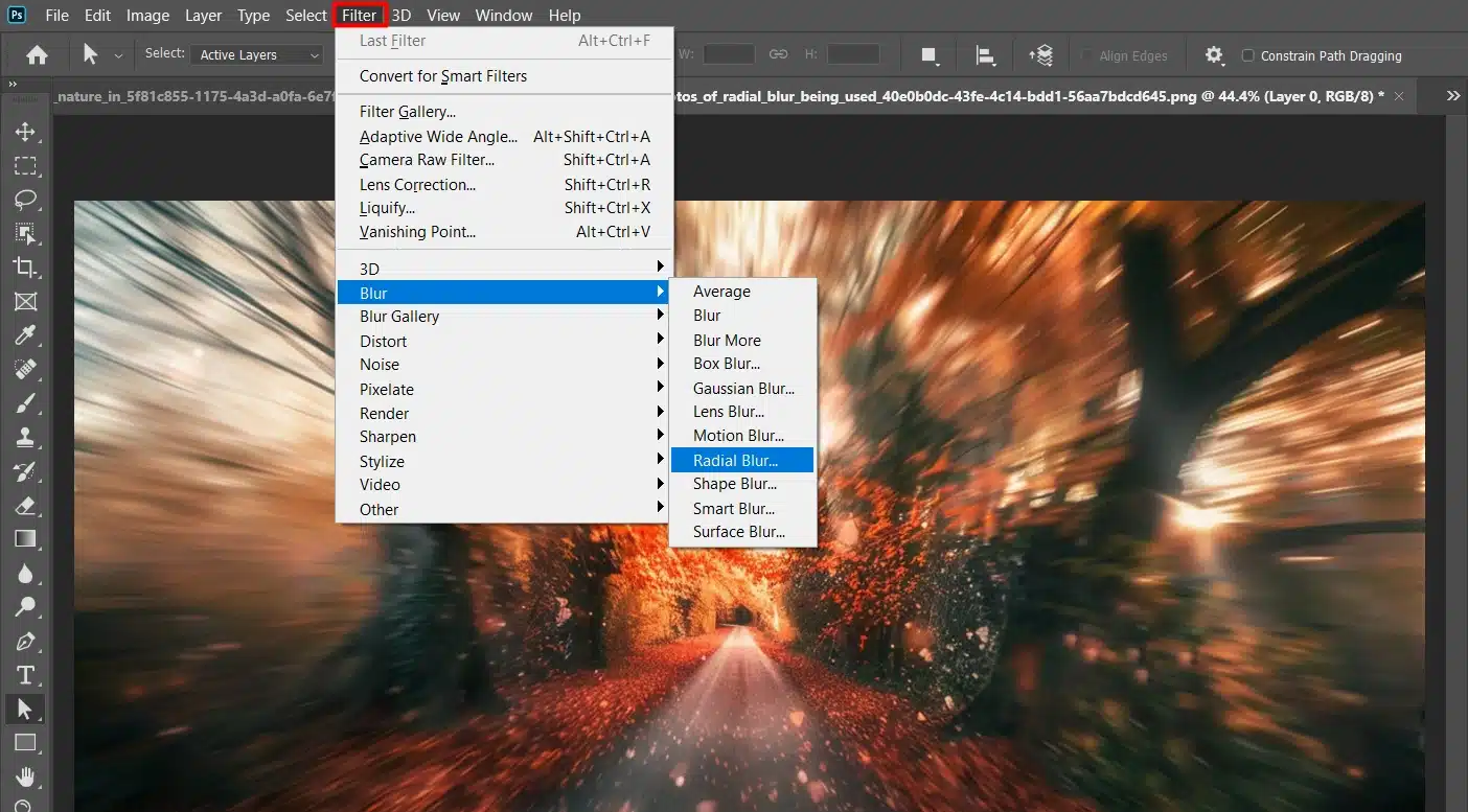 Applying the radial blur filter in Photoshop showing the filter settings interface.