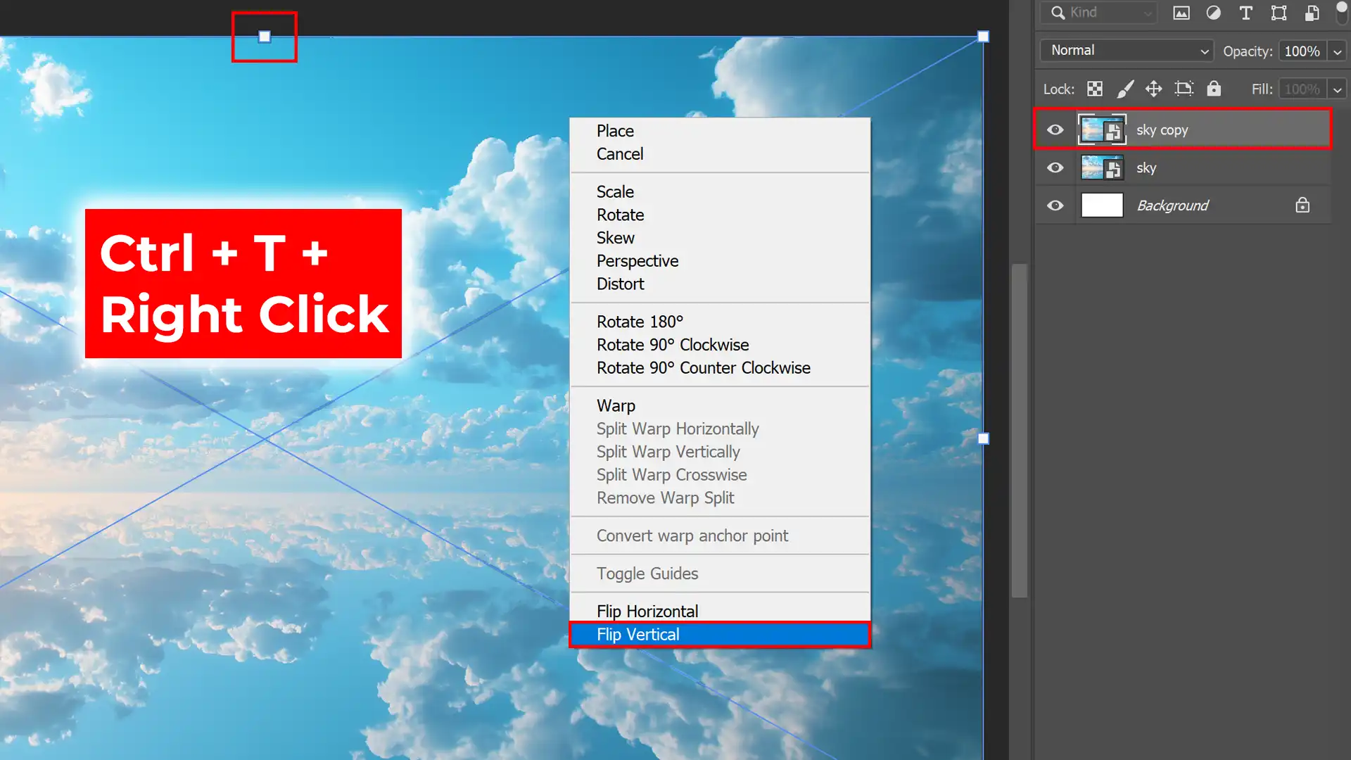 Screenshot in Photoshop showing how to apply the Flip Vertical tool from the Transform options to create a mirrored effect of a sky image.