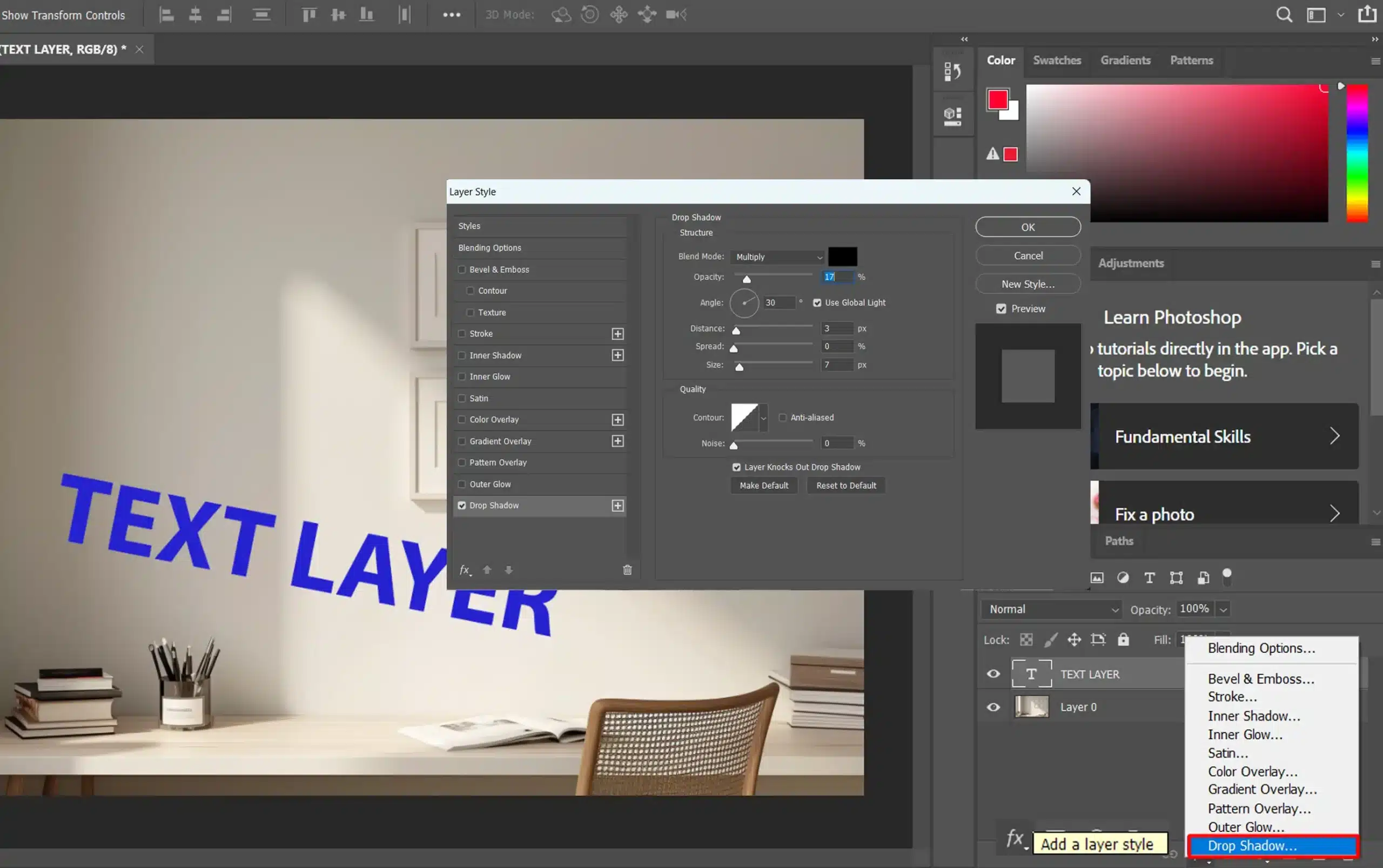 Photoshop interface displaying the Layer Style panel with drop shadow settings for a tilted text layer