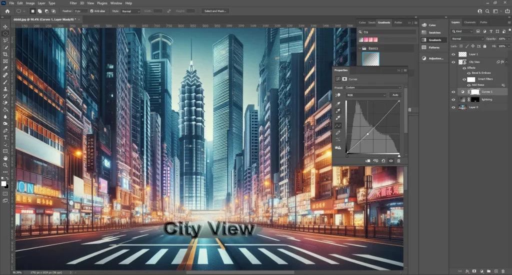 Photoshop interface showing the final touches being applied to the text "City View" in an urban cityscape, highlighting the use of Curves adjustment.