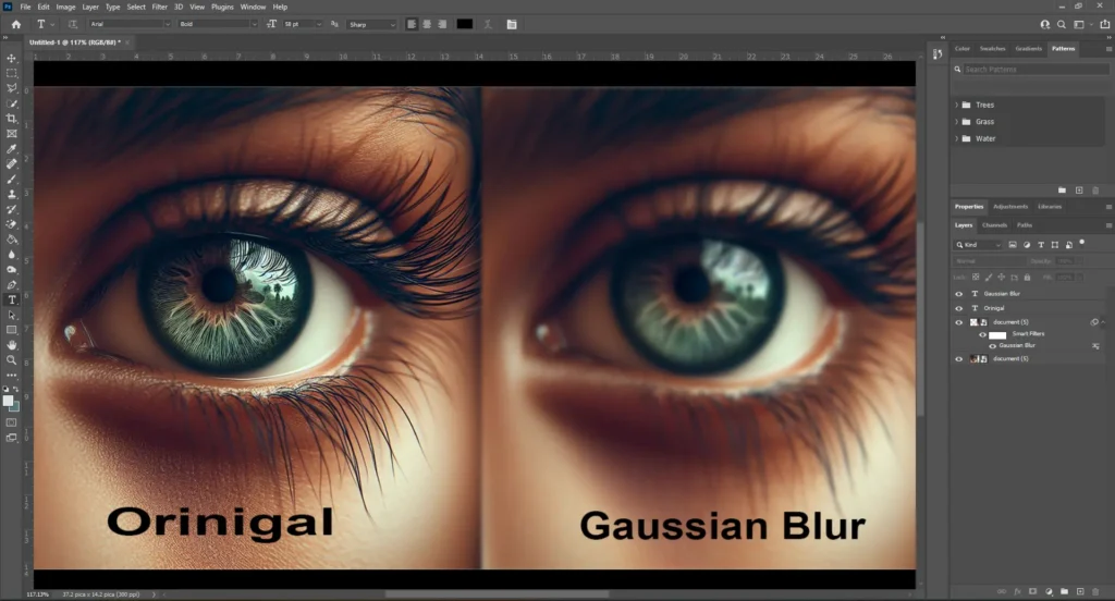 A comparison image showing the use of Gaussian Blur for skin smoothing in Photoshop. The left side displays an eye with natural skin texture, and the right side showcases smoother skin achieved through Gaussian Blur.