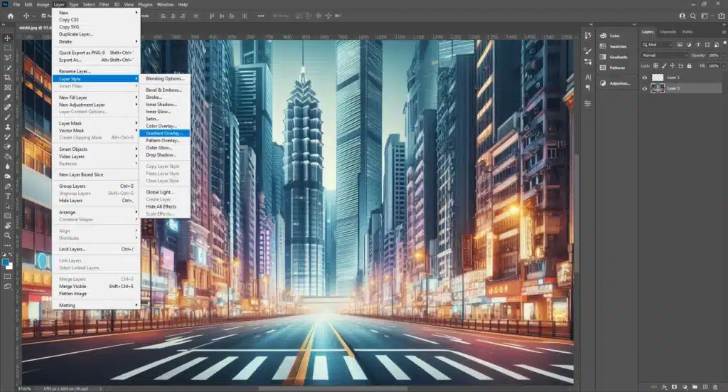 Photoshop interface showing the application of a gradient overlay to an urban cityscape, highlighting the Layer Style menu with Gradient Overlay selected.