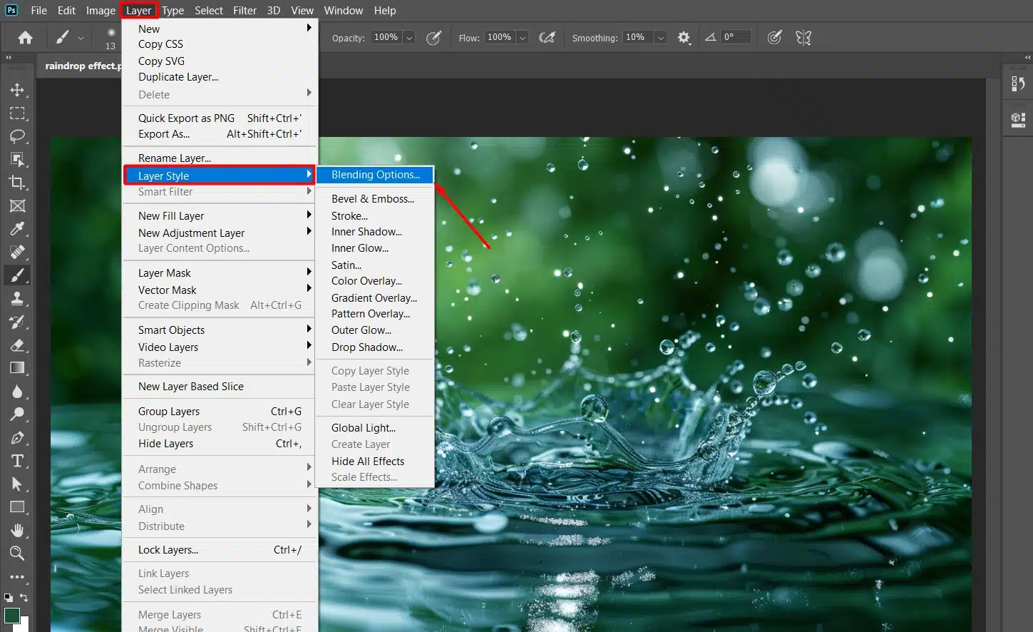 Layer styles applied to enhance the raindrop effect in Photoshop