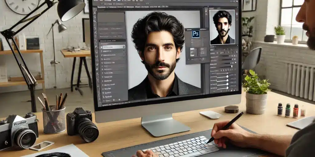 Graphic designer using Adobe Photoshop's Smart Portrait Neural Filter on a professional portrait in a modern studio.