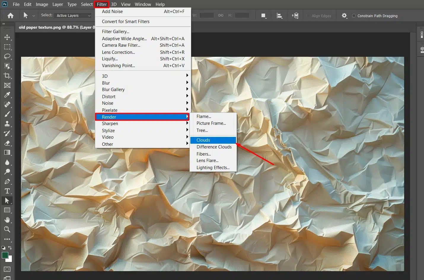 Photoshop filter menu with 'Clouds' highlighted, showing a crumpled paper texture