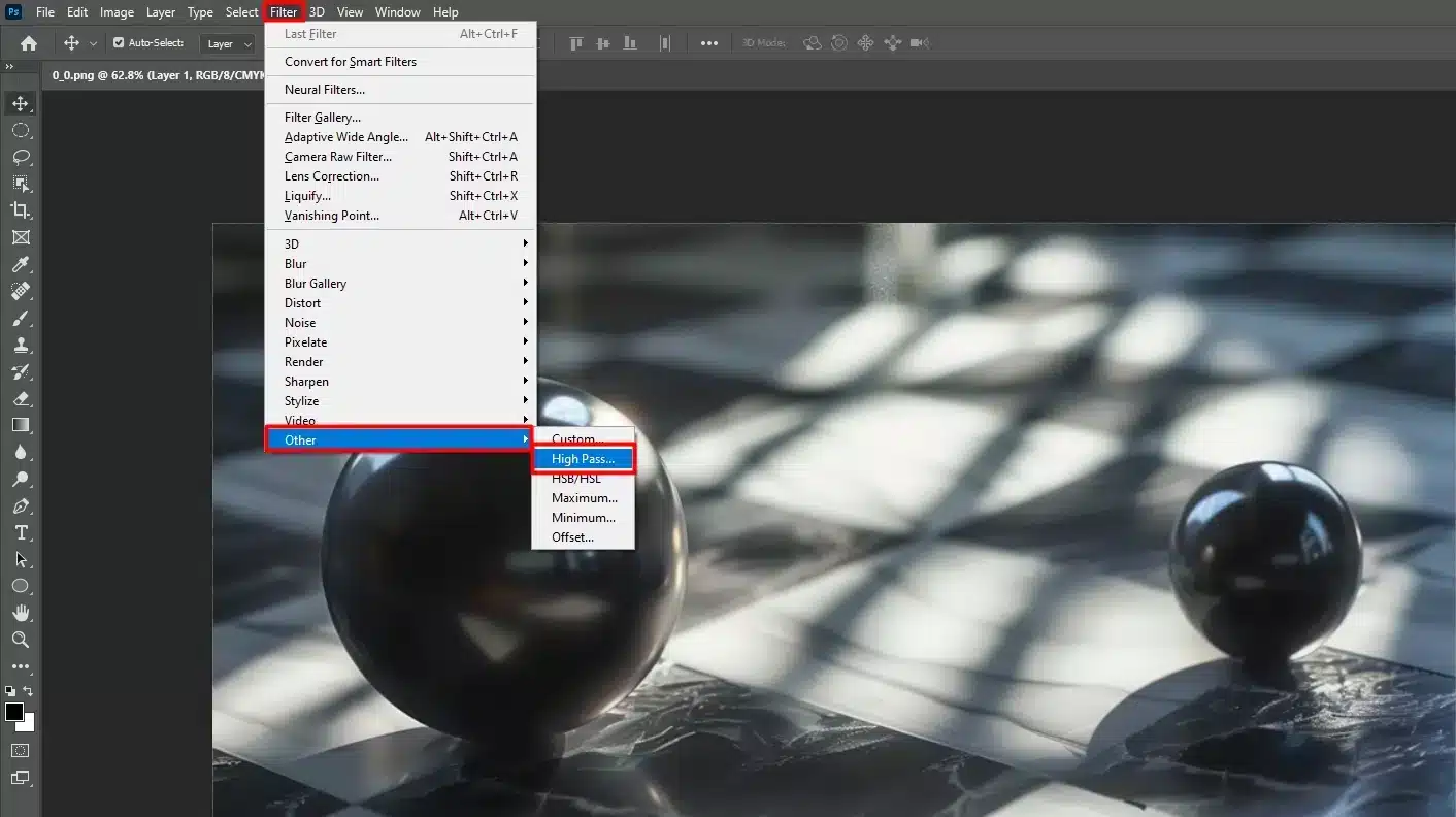 Photoshop interface showing the application of the High Pass filter.