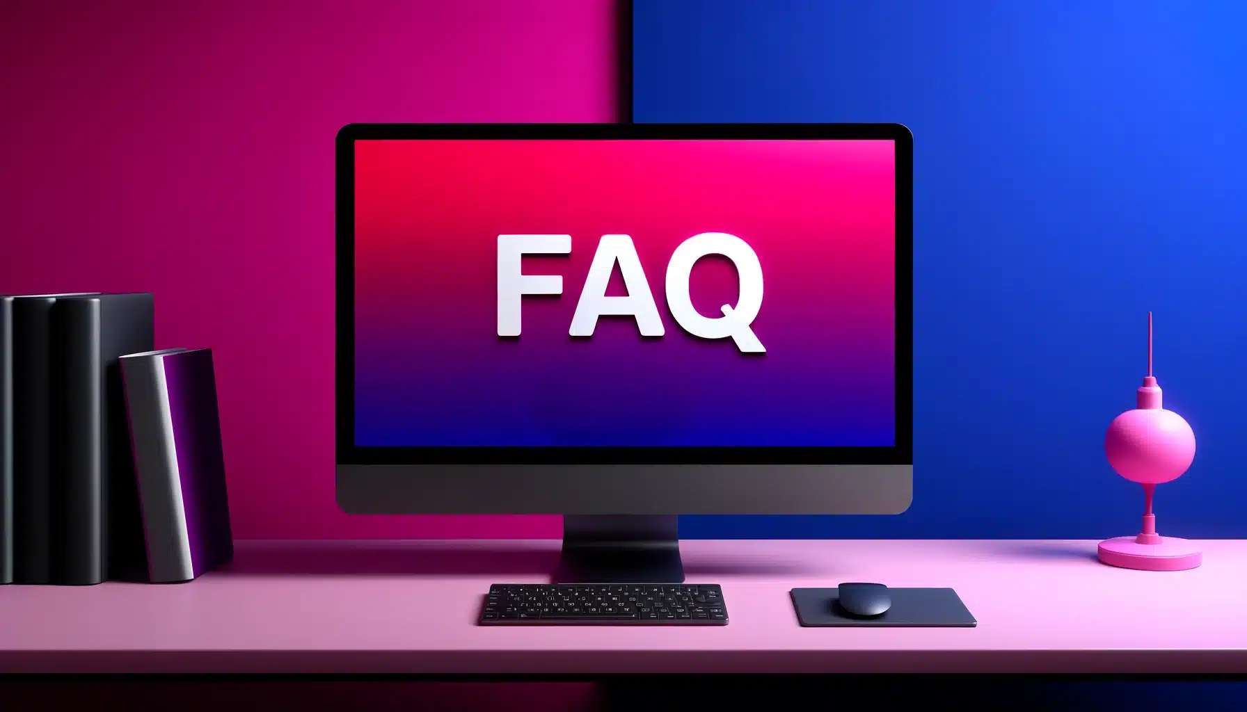 A PC on a desk in an office setting with a magenta and royal blue background. The screen of the PC is written with FAQ