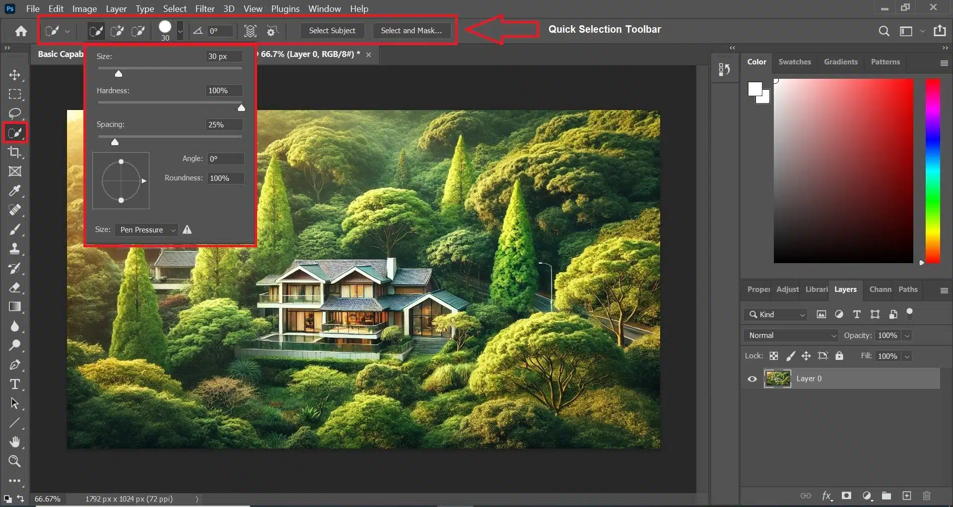 A screenshot of the Photoshop interface highlighting the Basic Capabilities of the Selection Tool and an image of a house surrounded by trees.