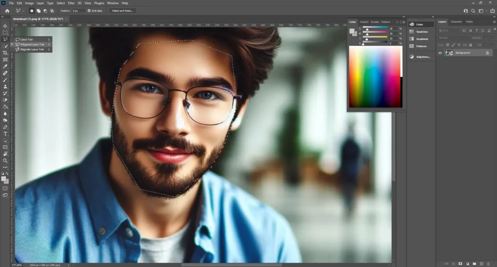 Photoshop interface showing the Polygon Tool in use, with a young man in glasses and a blue shirt outlined for editing.