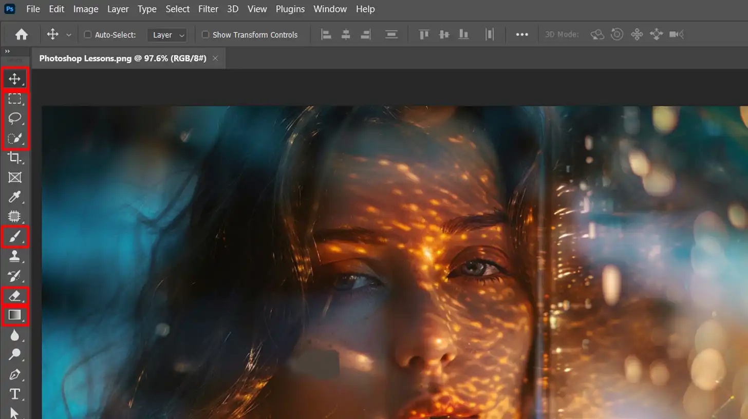 Interface highlighting basic tools such as selection tools, brush, and gradient tools