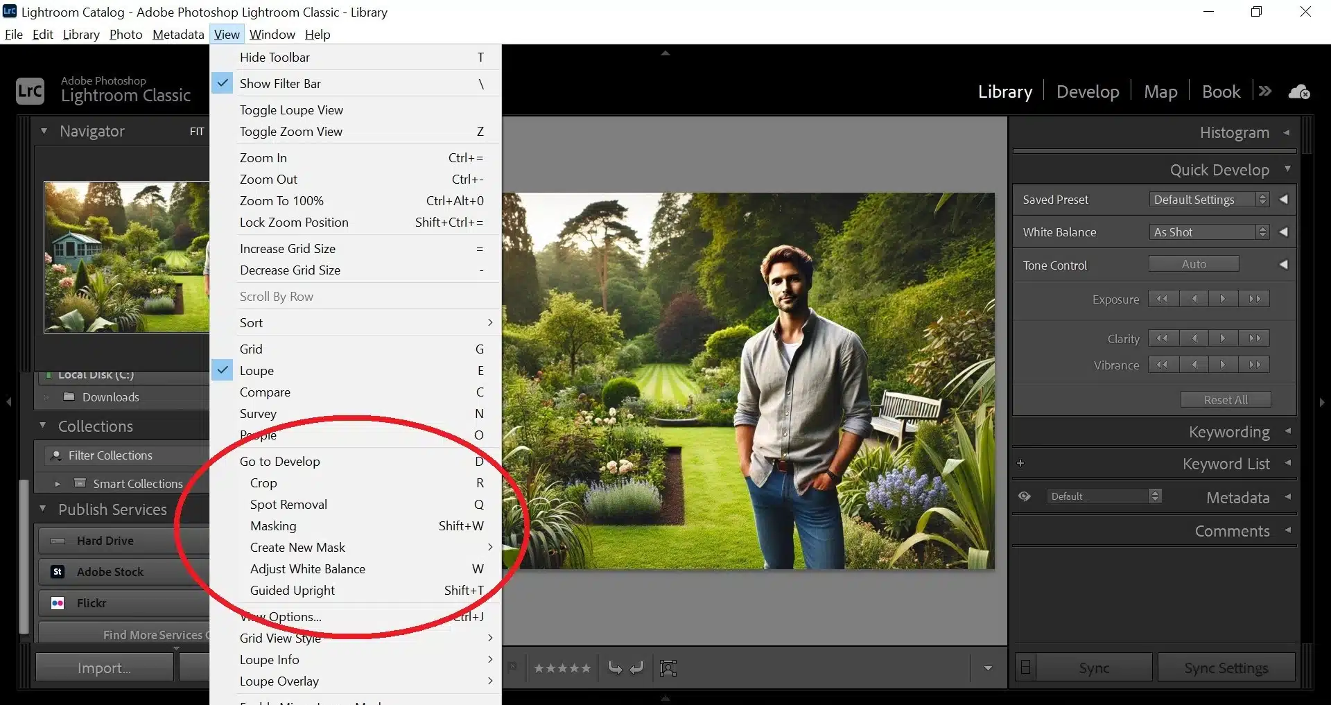 Adobe Lightroom interface showing the basic tools to edit portraits, with the View menu open and various options like Crop, Spot Removal, and Adjust White Balance highlighted.