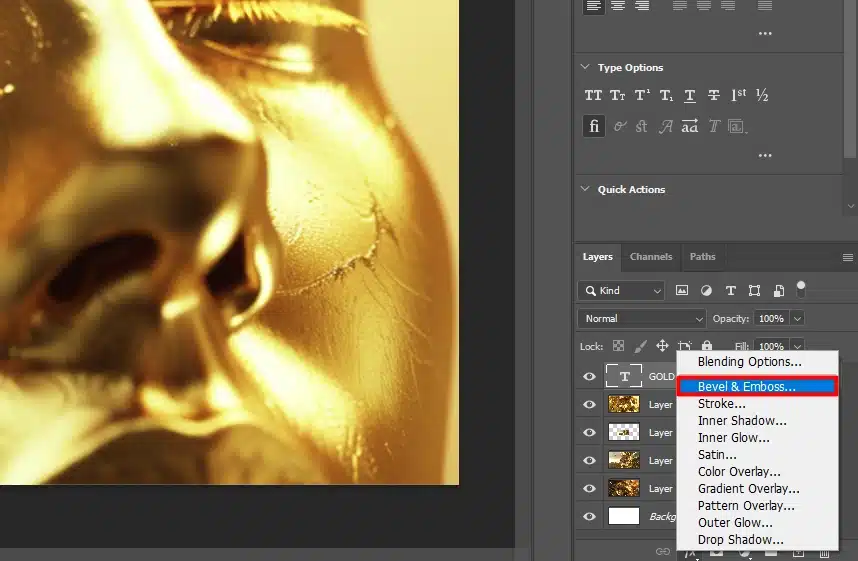 Applying Bevel and Emboss effect to create gold text colors in Photoshop.