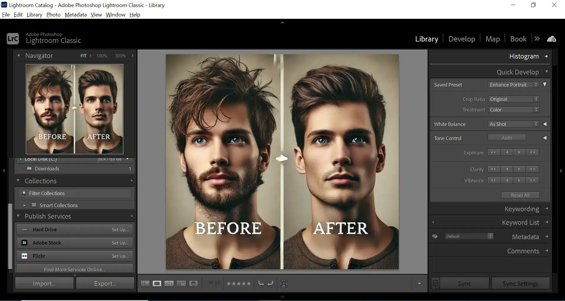 Adobe Lightroom interface displaying a before and after comparison of a man's portrait, highlighting the beautifying process. Various editing tools and panels are visible.