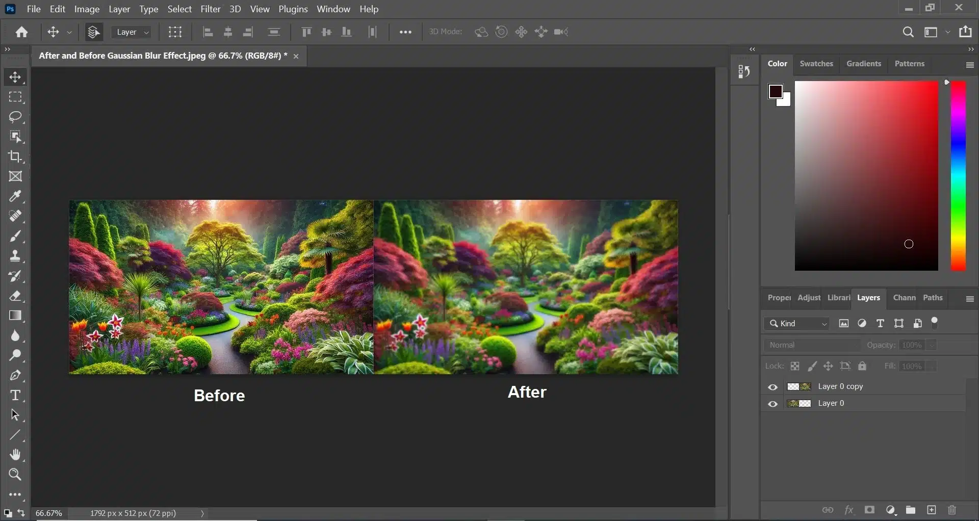 Adobe Photoshop interface displaying a before and after comparison of a garden image with the Gaussian Blur effect applied. The 'before' image on the left is clear, while the 'after' image on the right is blurred.